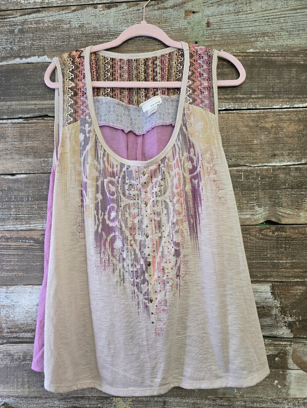 Tru Self Boho Lace-Back Sleeveless Tank Top in Light Pink, Size 2X